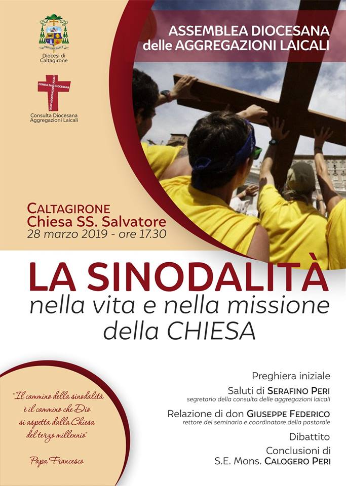 SINODO CALTAGIRONE: Le aggregazioni laicali si ritroveranno giovedì 28 marzo attorno al proprio Pastore per confrontarsi su "La Sinodalità nella vita e nella missione della Chiesa"